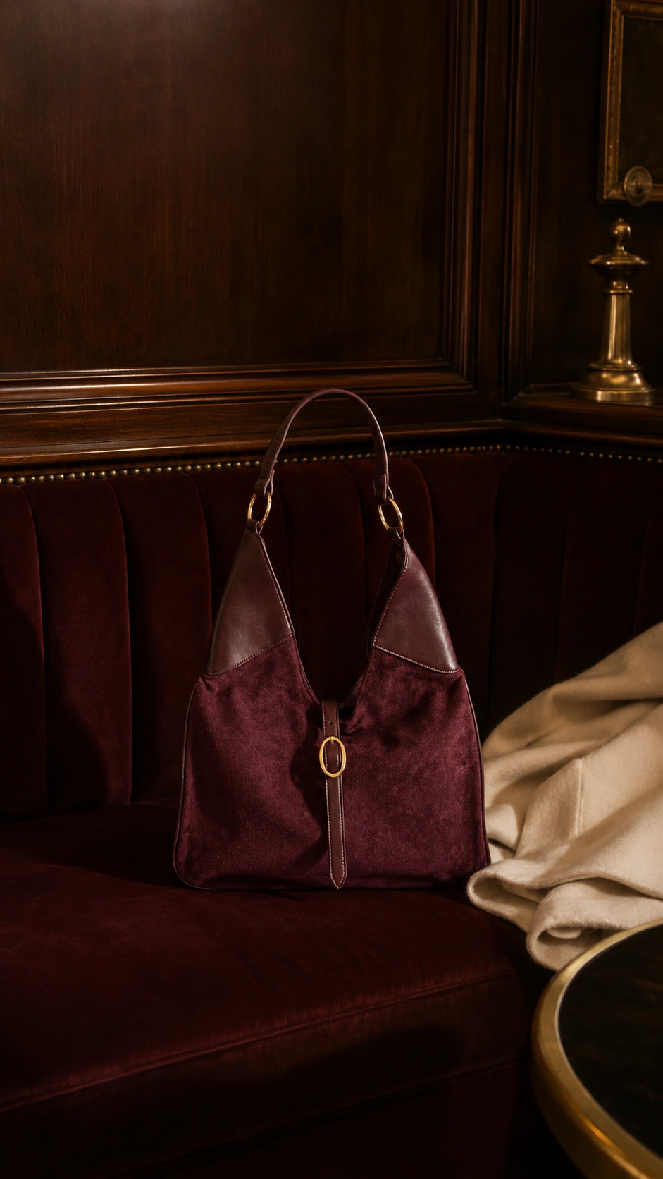 Bolso Blair burdeos sobre un sofá oscuro, junto a una tela marfil