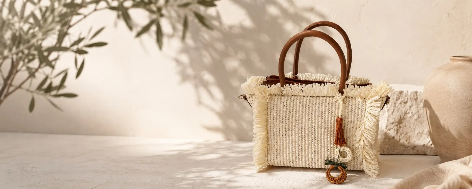 Bolso de rafia Camelisse en una escena mediterránea de tonos crema