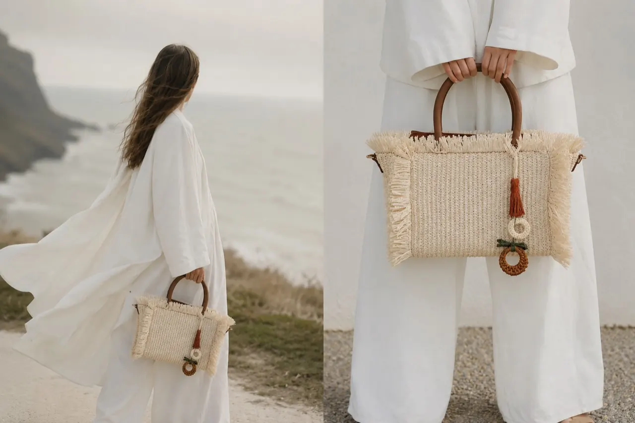 Mujer vestida de blanco junto al mar con un bolso de rafia Camelisse